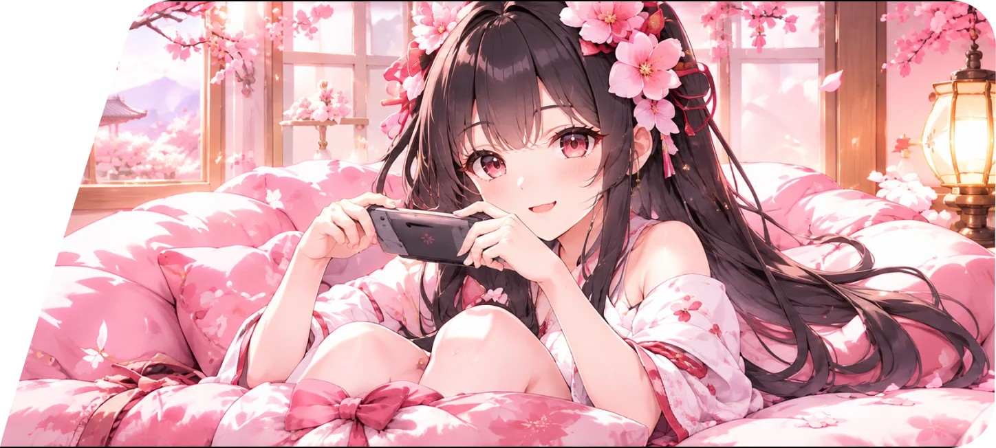 หญิงสาวเล่นเกมบนโทรศัพท์ท่ามกลางดอกซากุระ