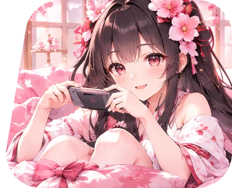 หญิงสาวเล่นเกมบนโทรศัพท์ท่ามกลางดอกซากุระ
