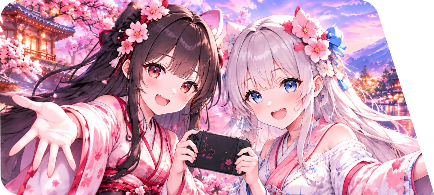 หญิงสาวสองคนเล่นเกมท่ามกลางดอกซากุระ