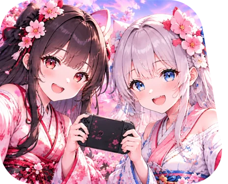 หญิงสาวสองคนเล่นเกมท่ามกลางดอกซากุระ