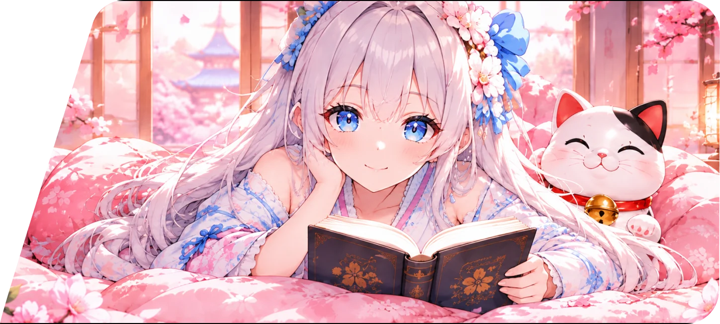 หญิงสาวอ่านหนังสือกับแมวกวักท่ามกลางดอกซากุระ