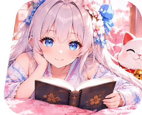 หญิงสาวอ่านหนังสือกับแมวกวักท่ามกลางดอกซากุระ